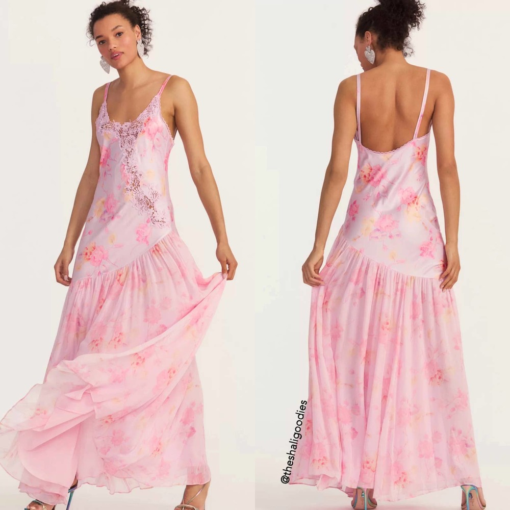 LOVESHACKFANCY Rhoda Maxi Dress Purple Pink Floral Lace Trim